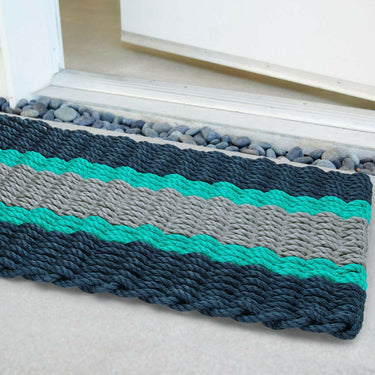 Lobster Rope Doormats, Outdoor Door Mats, Wicked Good Door Mats Made in Maine, Navy Teal and Silver, Angled View in Front Door